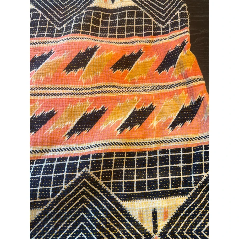 Pillow Cover Orange Black Kantha Stitch Geometric Tribal Boho Sham 23 x 23 in